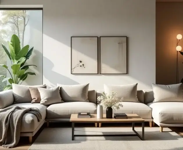 Cozy modern living room with stylish furniture and decor.