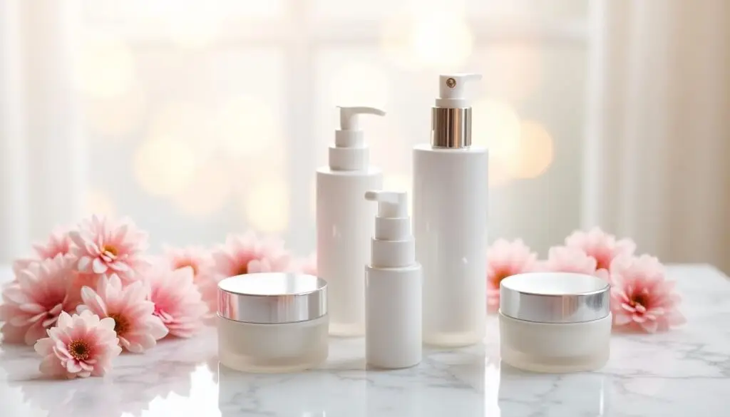 Bright skincare products with flowers on a marble surface.