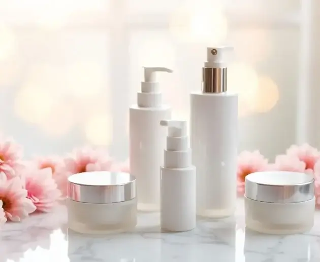 Bright skincare products with flowers on a marble surface.