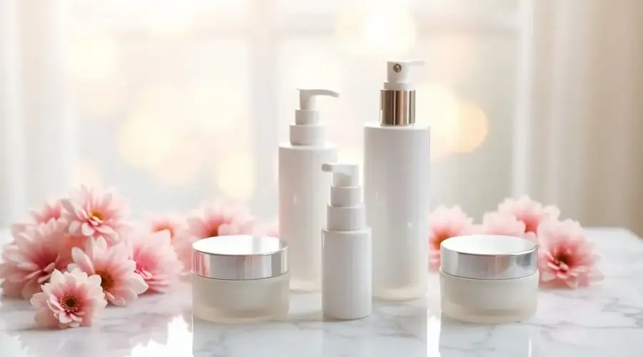 Bright skincare products with flowers on a marble surface.