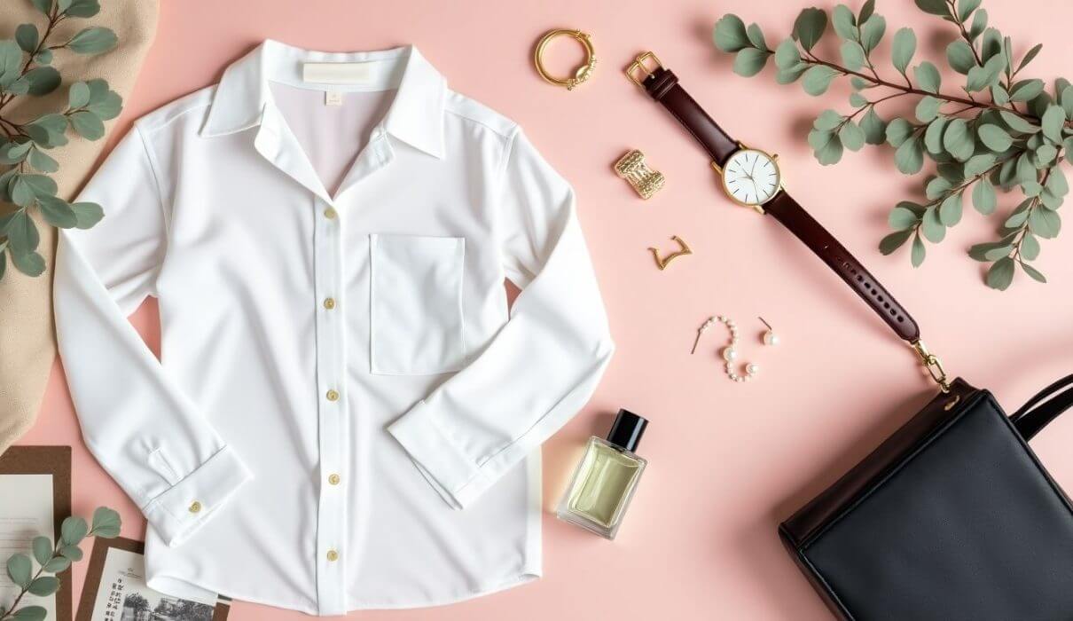 Flat lay of timeless fashion staples on a soft backdrop.