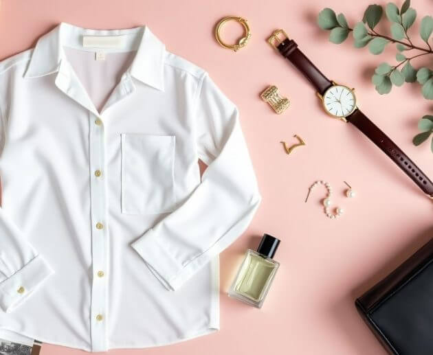 Flat lay of timeless fashion staples on a soft backdrop.