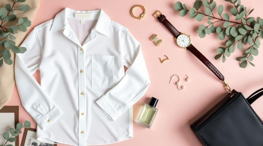 Flat lay of timeless fashion staples on a soft backdrop.