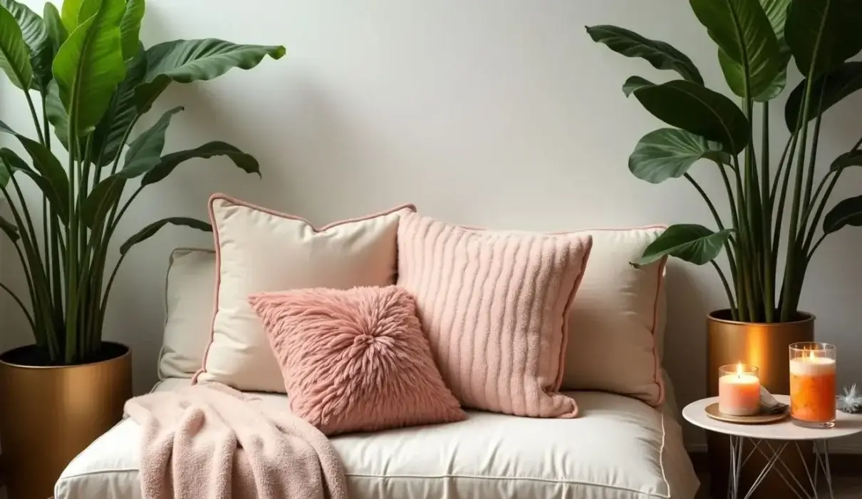 Serene wellness corner with plush cushions and plants.