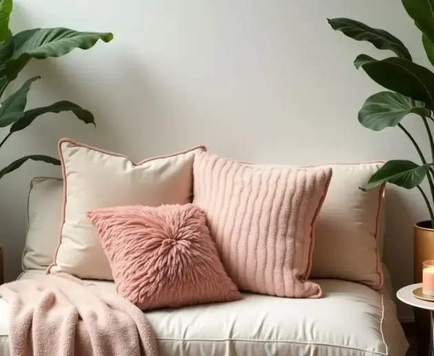 Serene wellness corner with plush cushions and plants.