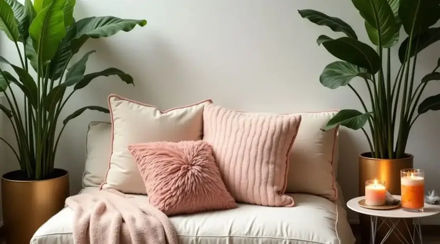 Serene wellness corner with plush cushions and plants.