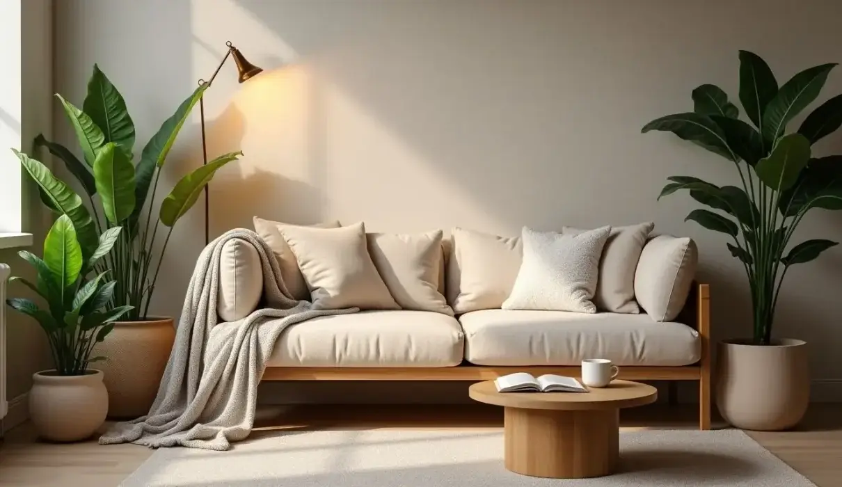 Cozy relaxation space with cushions and indoor plants.