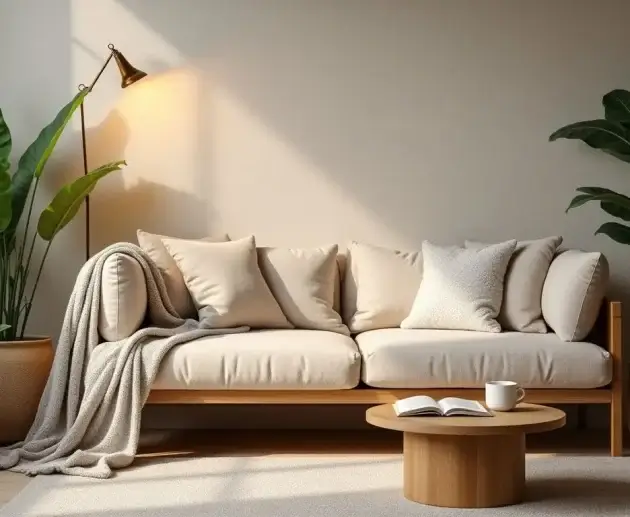 Cozy relaxation space with cushions and indoor plants.