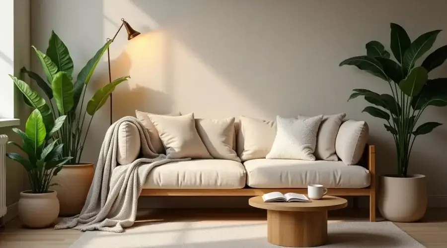 Cozy relaxation space with cushions and indoor plants.