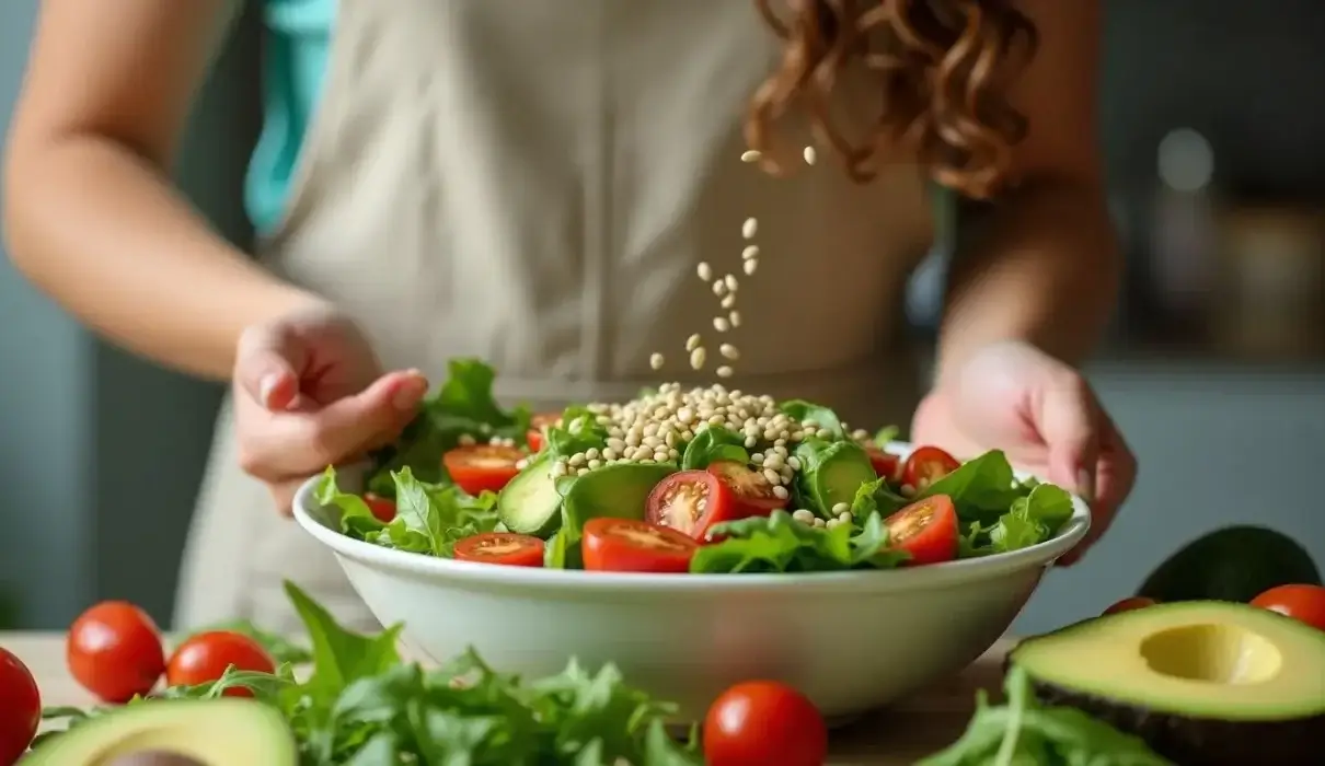 Woman preparing a fresh salad with colorful ingredients.