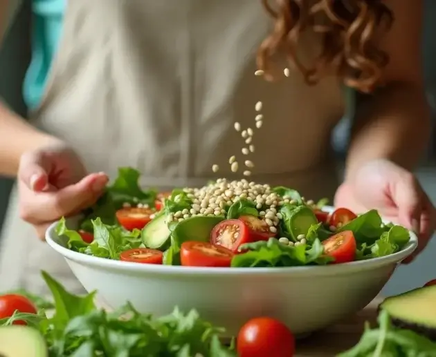 Woman preparing a fresh salad with colorful ingredients.