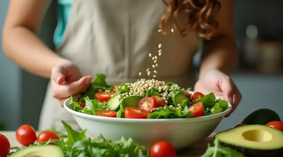 Woman preparing a fresh salad with colorful ingredients.