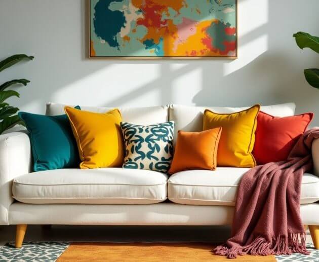 Colorful living room with vibrant decor and cozy elements.