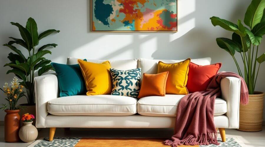 Colorful living room with vibrant decor and cozy elements.