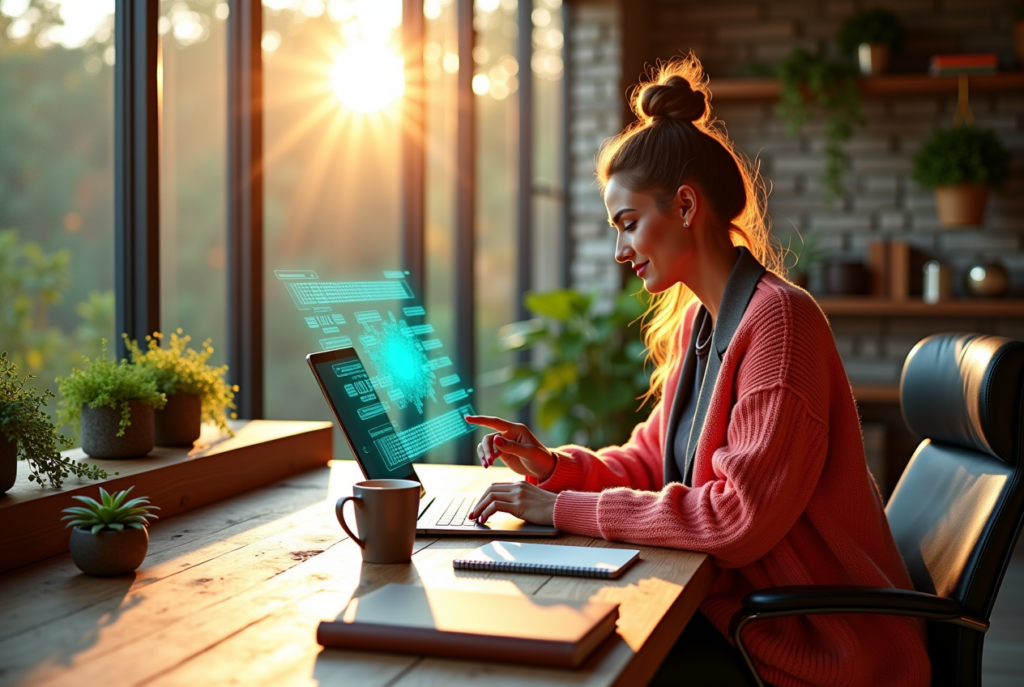 A professional using a task app in a home office, showcasing how to boost lifestyle and productivity in 2025.