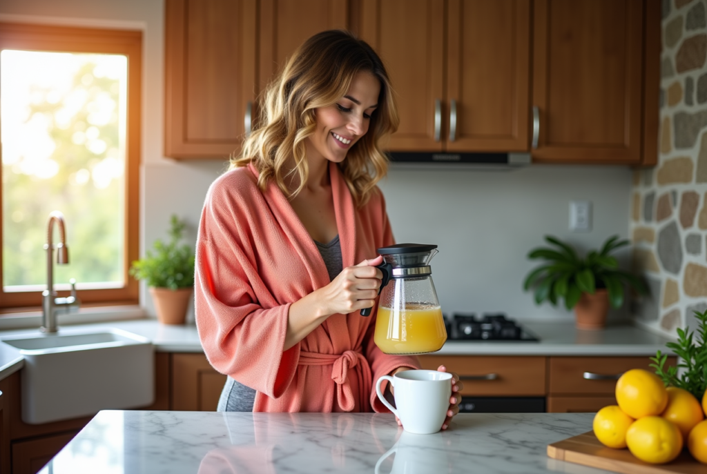 A stylish woman hydrating with lemon water in a kitchen, showcasing how to improve health and wellness in 2025.