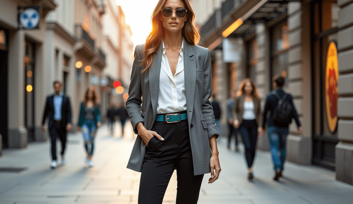 A stylish woman rocking 2025 fashion trends with an oversized blazer in three looks: work-ready, casual, and night-out chic.