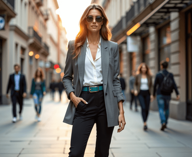 A stylish woman rocking 2025 fashion trends with an oversized blazer in three looks: work-ready, casual, and night-out chic.