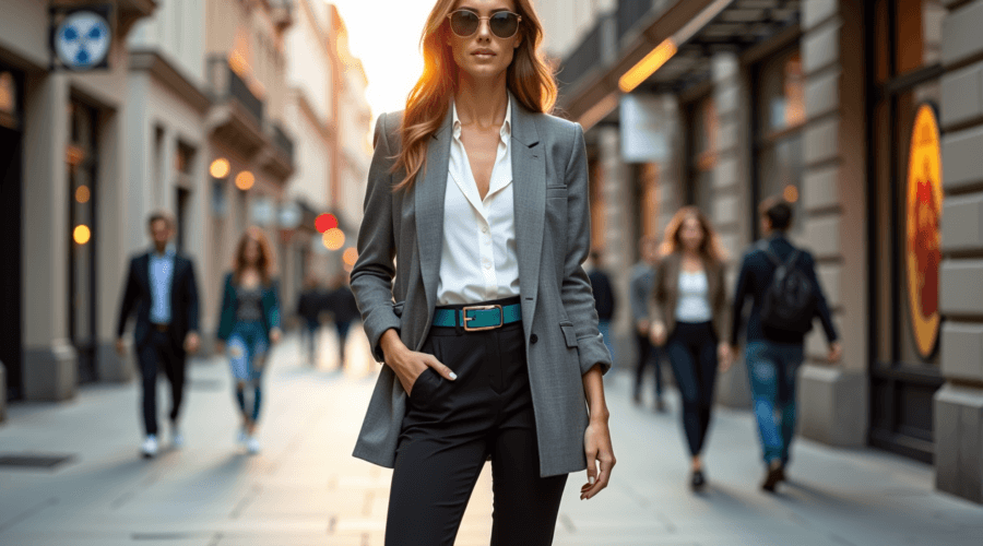 A stylish woman rocking 2025 fashion trends with an oversized blazer in three looks: work-ready, casual, and night-out chic.