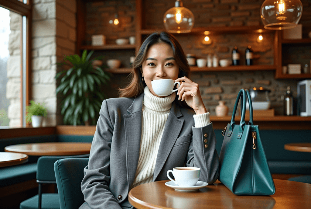 A stylish woman in a Zara oversized gray blazer, enjoying coffee in a cozy shop, showcasing 2025 fashion trends for everyday life.