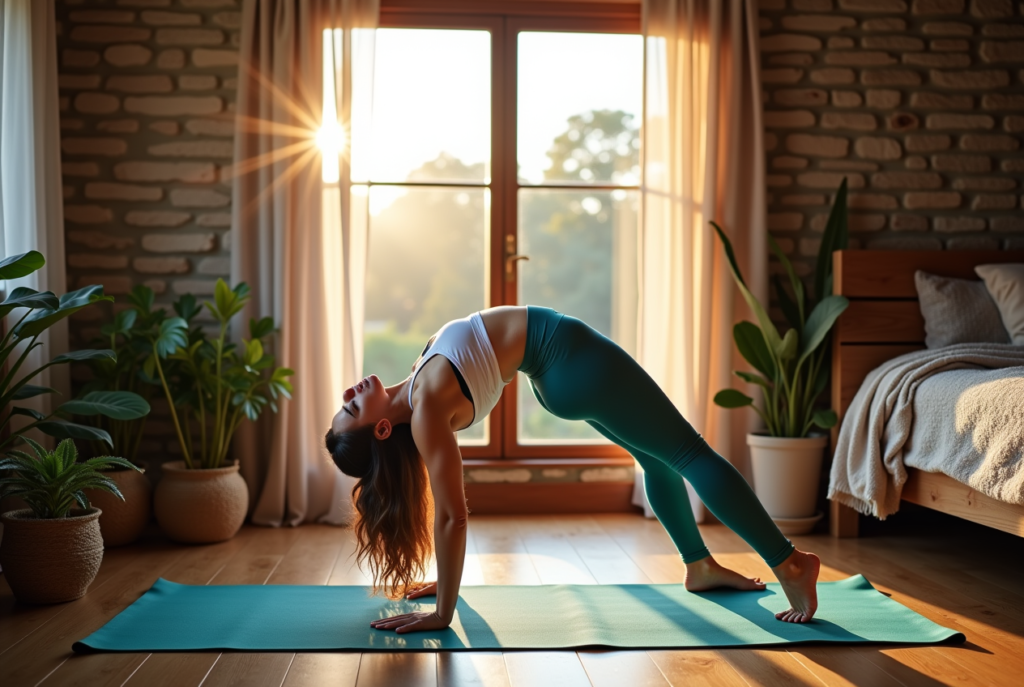 A stylish woman stretching on a yoga mat in a bedroom, showcasing how to improve health and wellness in 2025.