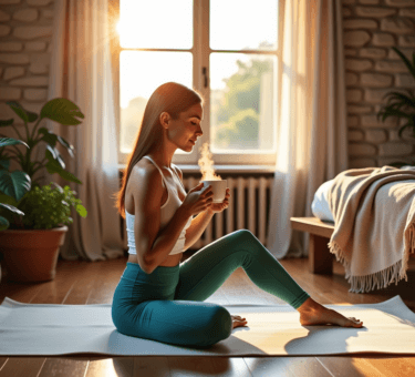 A stylish woman practicing morning wellness in a serene bedroom, showcasing how to improve health and wellness in 2025.