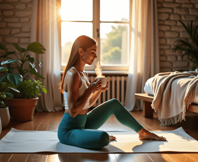 A stylish woman practicing morning wellness in a serene bedroom, showcasing how to improve health and wellness in 2025.