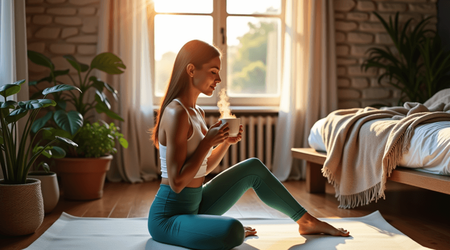 A stylish woman practicing morning wellness in a serene bedroom, showcasing how to improve health and wellness in 2025.