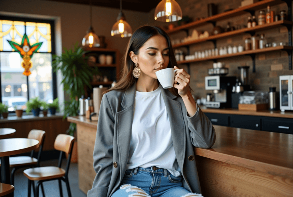 A stylish woman in sculptural jewelry, enjoying coffee, showcasing 2025 fashion trends for daily wear.