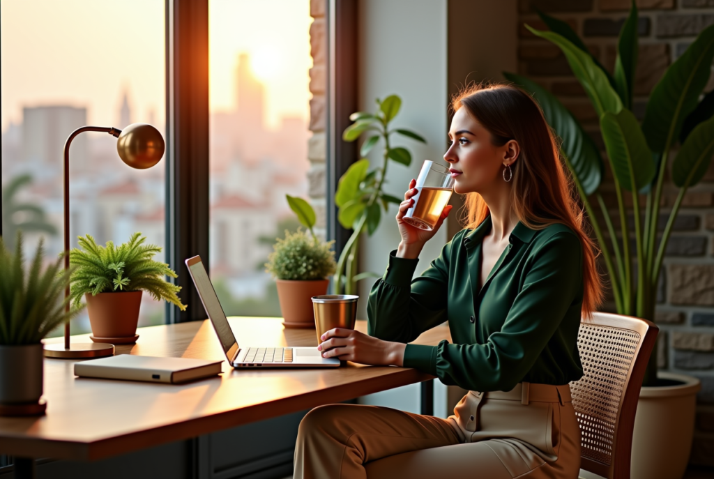 A stylish woman hydrating at an office desk, showcasing how to boost daily wellness habits 2025.