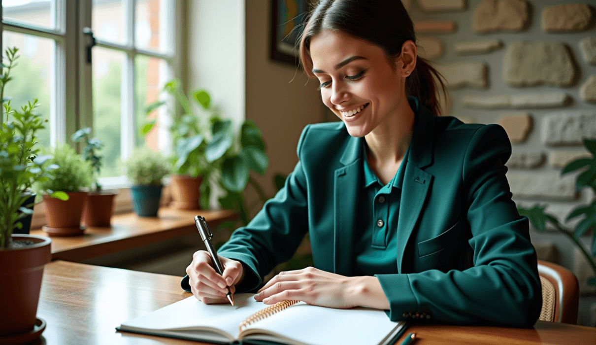 A stylish professional planning in a home office, showcasing how to boost lifestyle and productivity in 2025.