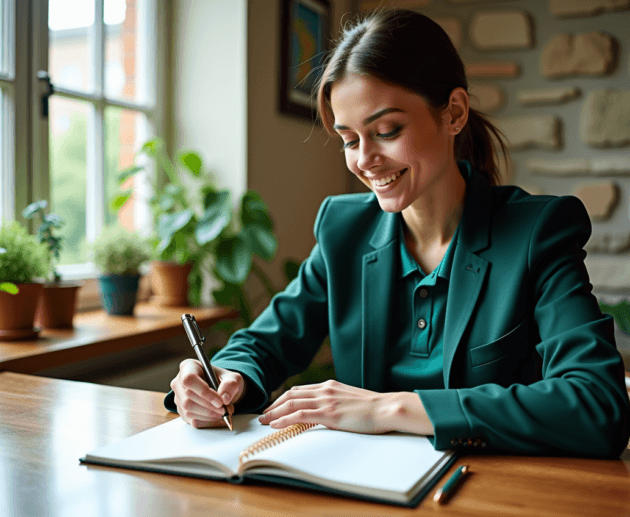 A stylish professional planning in a home office, showcasing how to boost lifestyle and productivity in 2025.