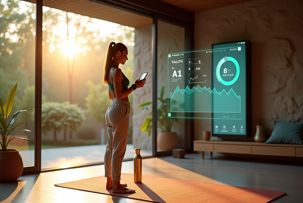 A tech enthusiast tracking health with AI in a bedroom, showcasing how to leverage technology trends in 2025.