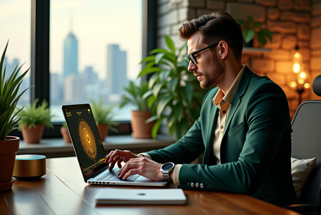 A tech professional using AI chatbots in an office, showcasing how to leverage technology trends in 2025.