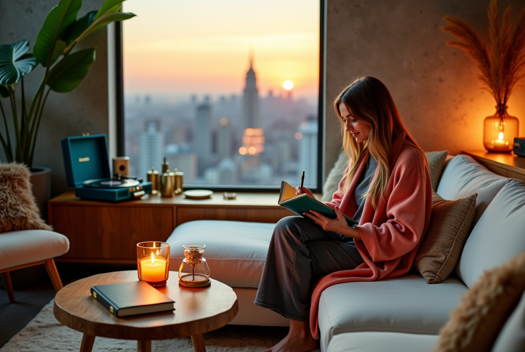 A professional journaling gratitude in a living room, showcasing how to boost lifestyle and productivity in 2025.