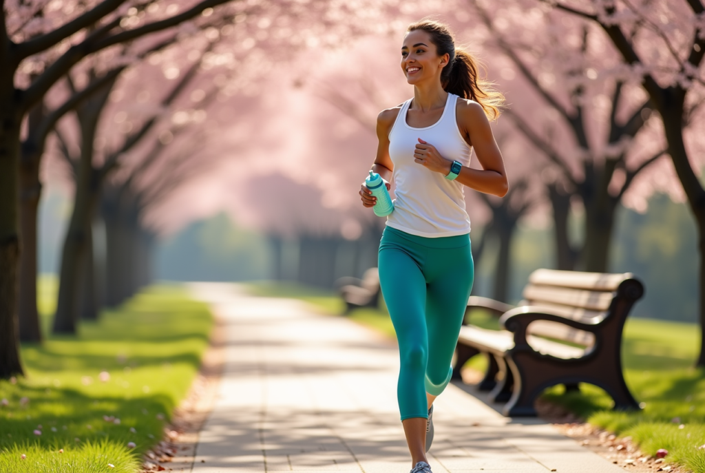 A tech enthusiast jogging with an AI tracker in a park, showcasing how to leverage technology trends in 2025.