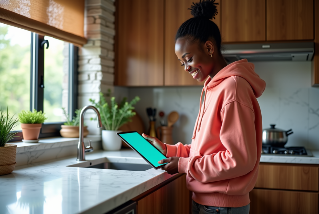 A tech enthusiast using AI shopping in a kitchen, showcasing how to leverage technology trends in 2025.