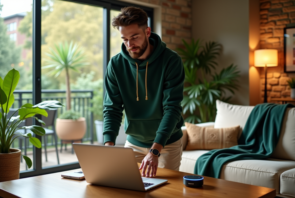 A tech enthusiast using an AI assistant in a living room, showcasing how to leverage technology trends in 2025.