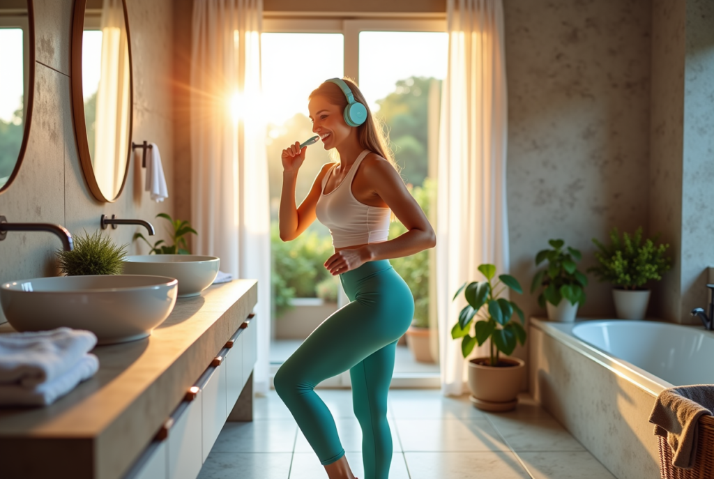 A stylish woman dancing to music in a bathroom, showcasing how to improve health and wellness in 2025.