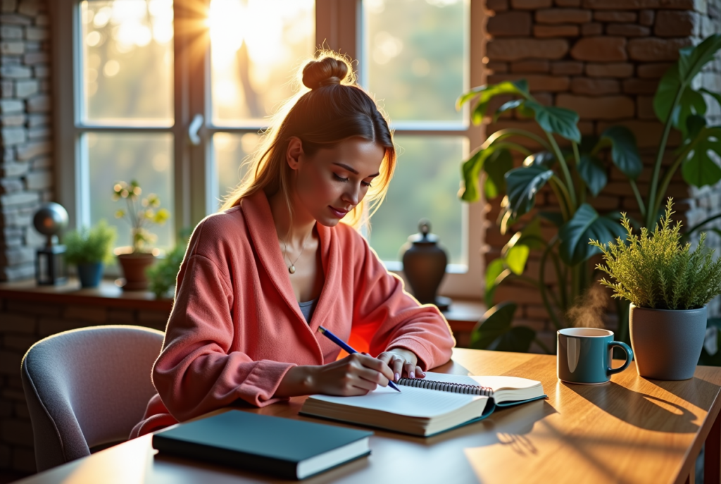 A stylish woman journaling in a home office, showcasing how to improve health and wellness in 2025.