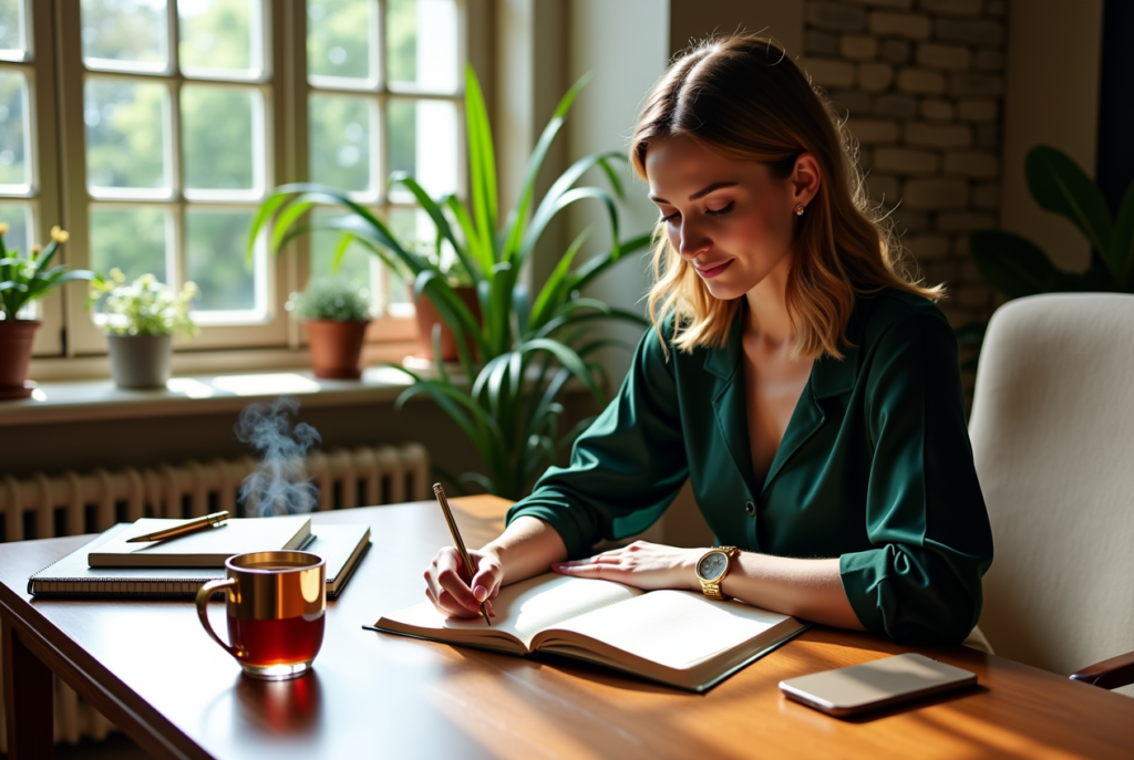 A stylish woman journaling in a home office, showcasing how to boost daily wellness habits 2025.

