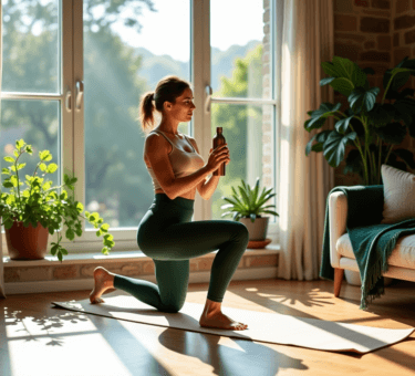 A stylish woman stretching in a living room, showcasing how to boost daily wellness habits 2025.