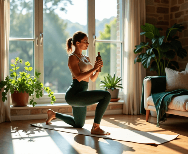 A stylish woman stretching in a living room, showcasing how to boost daily wellness habits 2025.