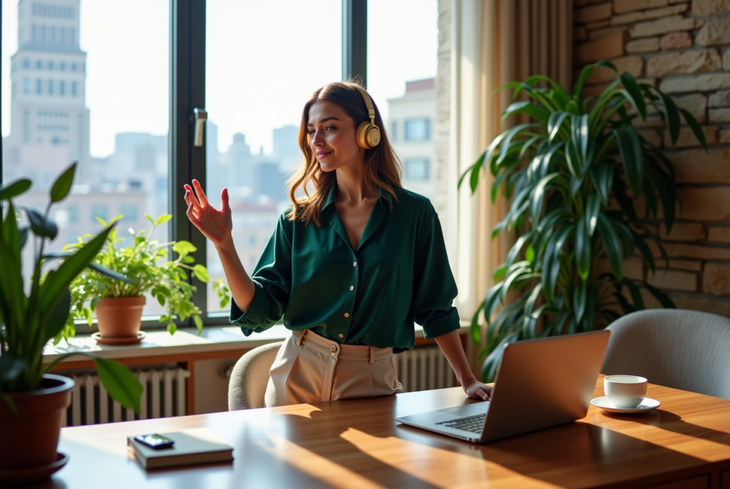 A stylish woman dancing to music in an office, showcasing how to boost daily wellness habits 2025.