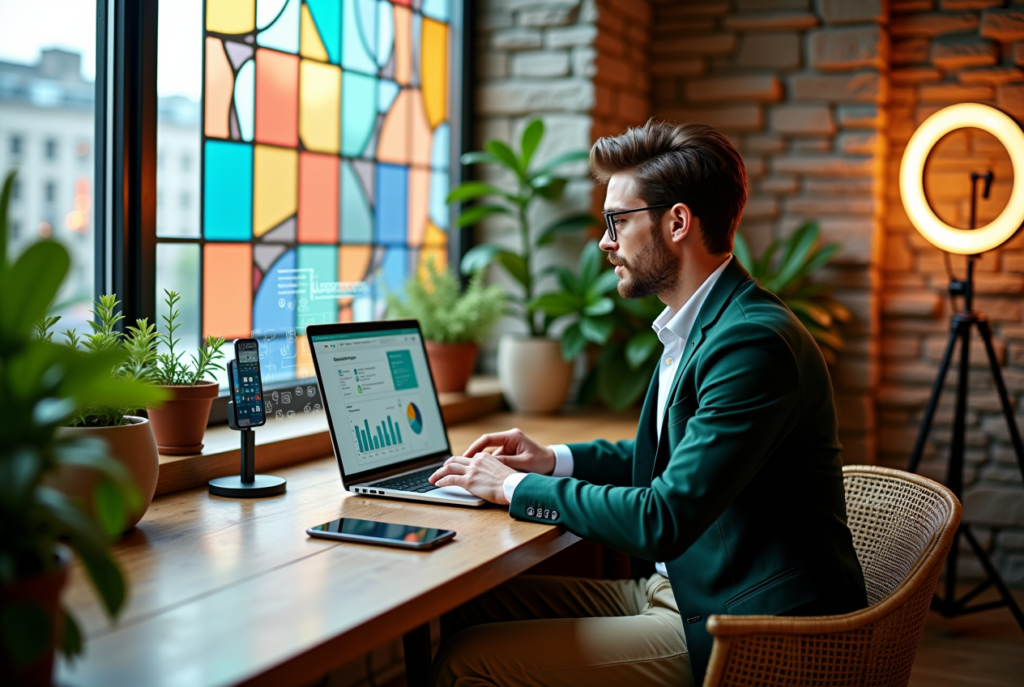 A tech enthusiast using AI for social media in an office, showcasing how to leverage technology trends in 2025.