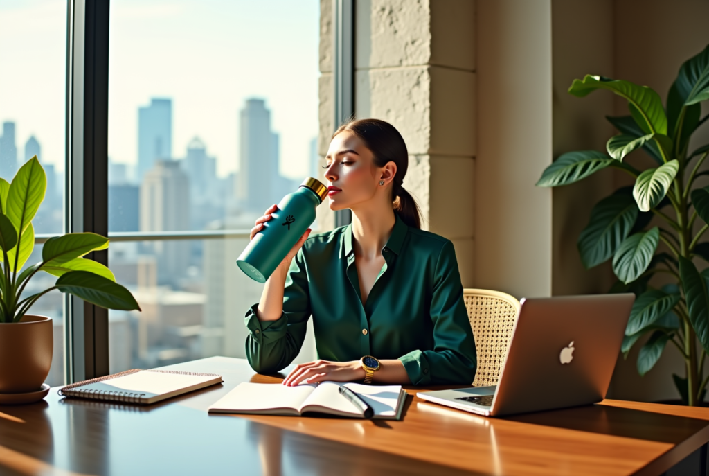 A professional hydrating at an office desk, showcasing how to boost lifestyle and productivity in 2025.