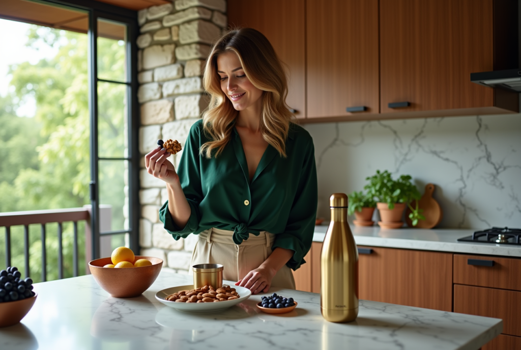 A stylish woman snacking in a kitchen, showcasing how to boost daily wellness habits 2025.