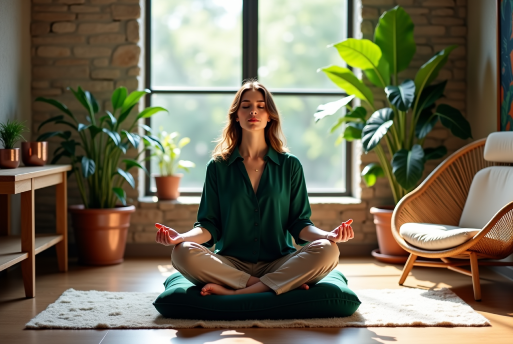 A stylish woman breathing in an office break room, showcasing how to boost daily wellness habits 2025.