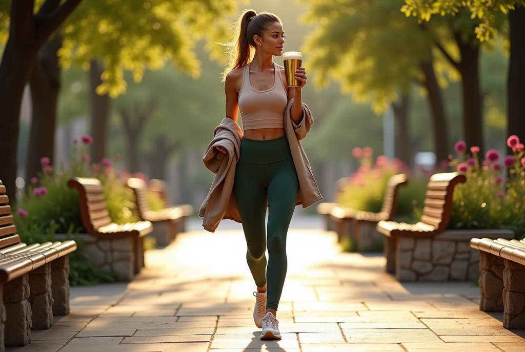 A stylish woman walking in a park, showcasing how to boost daily wellness habits 2025.