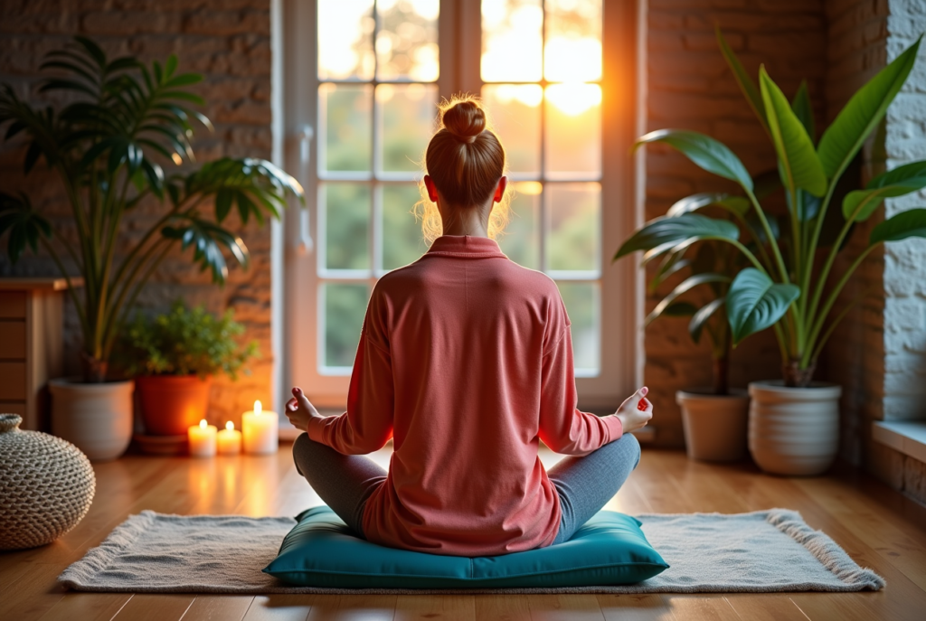 A stylish woman meditating on a cushion in a living room, showcasing how to improve health and wellness in 2025.